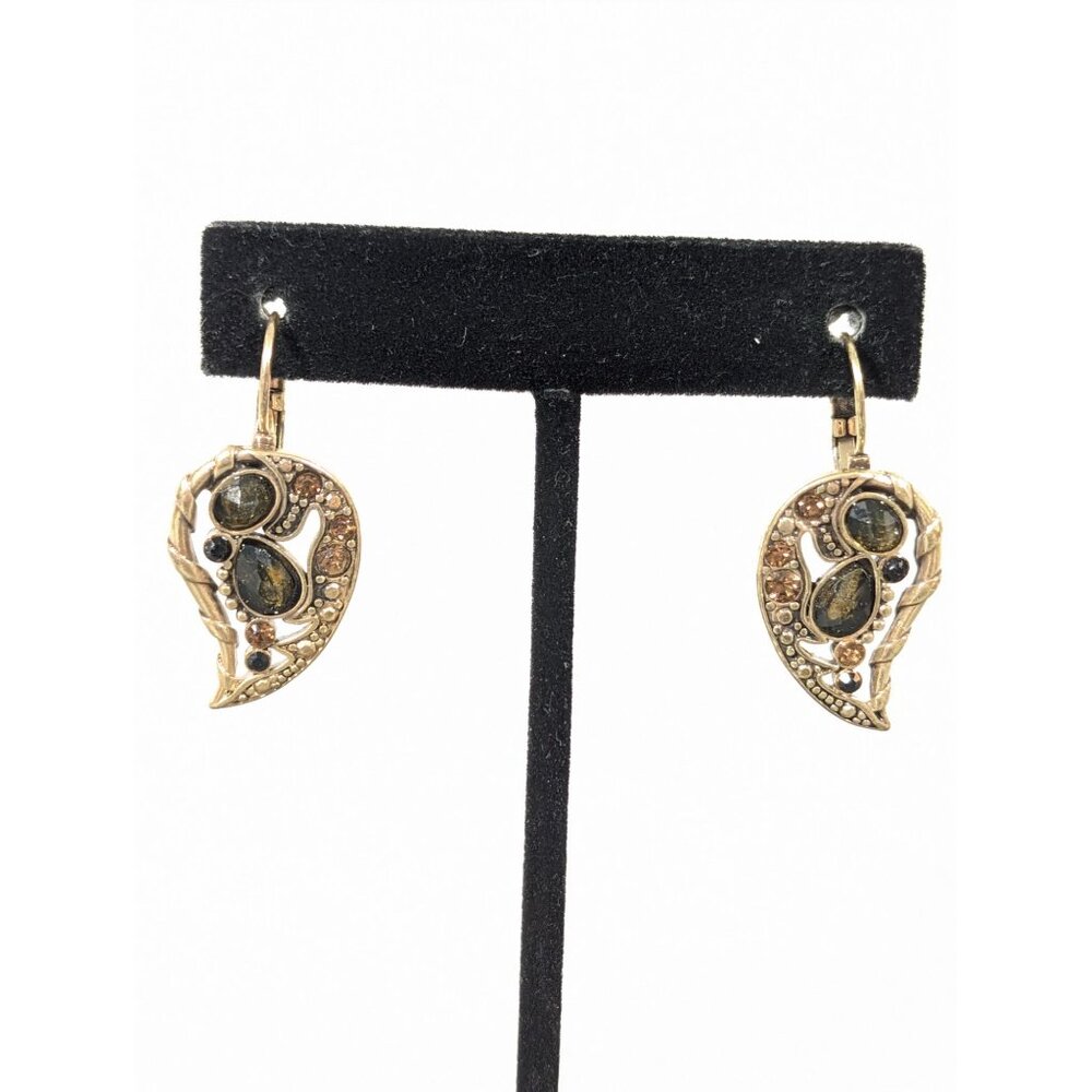 Boho Antiqued Gold Tone Brown Rhinestone Teardrop Leverback Drop Earrings Pierce